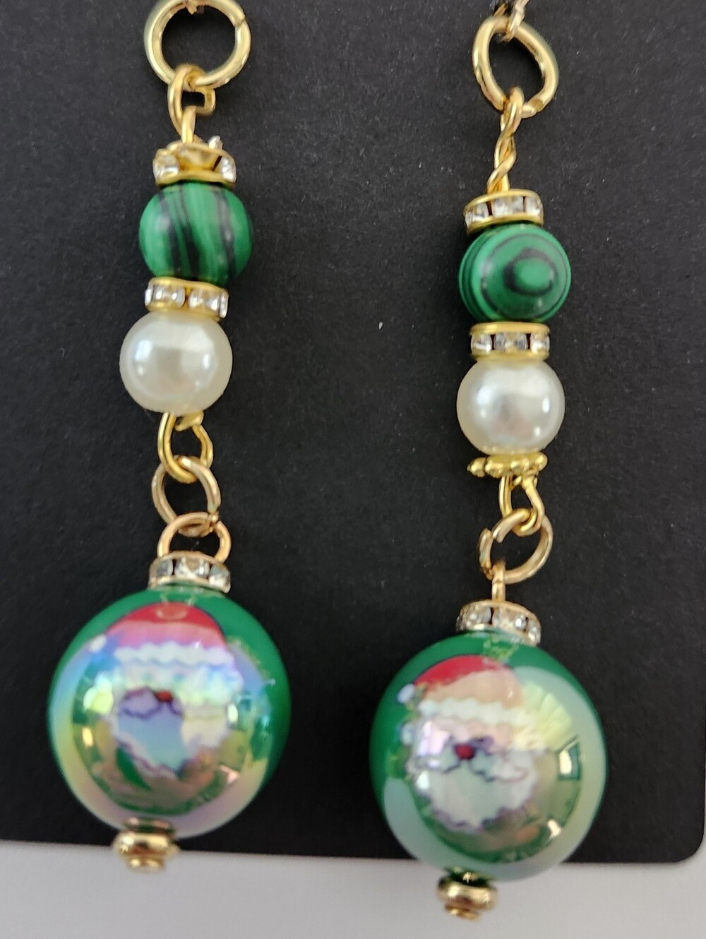 Christmas Santa Drop Earrings Malachite Glass Handcrafted